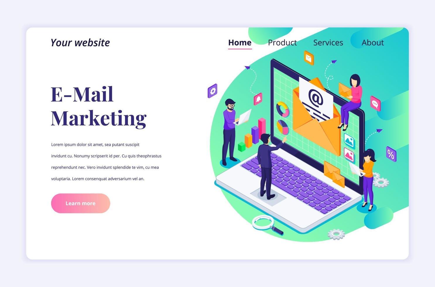 Isometric landing page design concept of Email marketing, mailing services with people work near a giant laptop. vector illustration