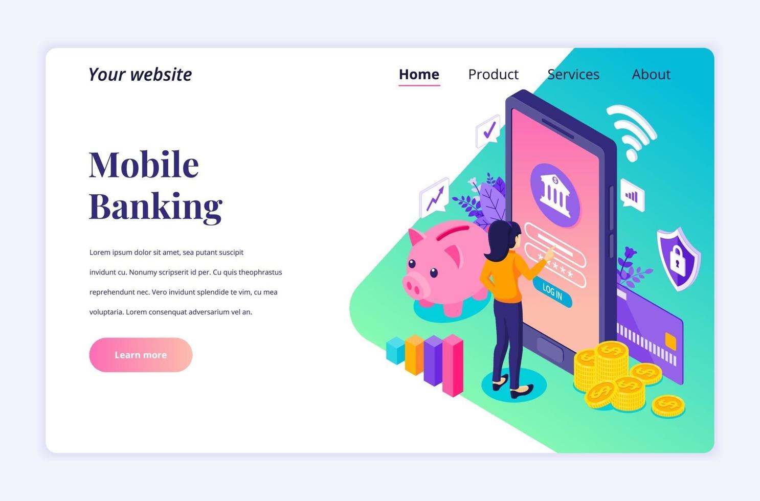 Modern flat isometric design concept of Online Banking with characters. electronic mobile payment for website and mobile website. Landing page template. vector illustration