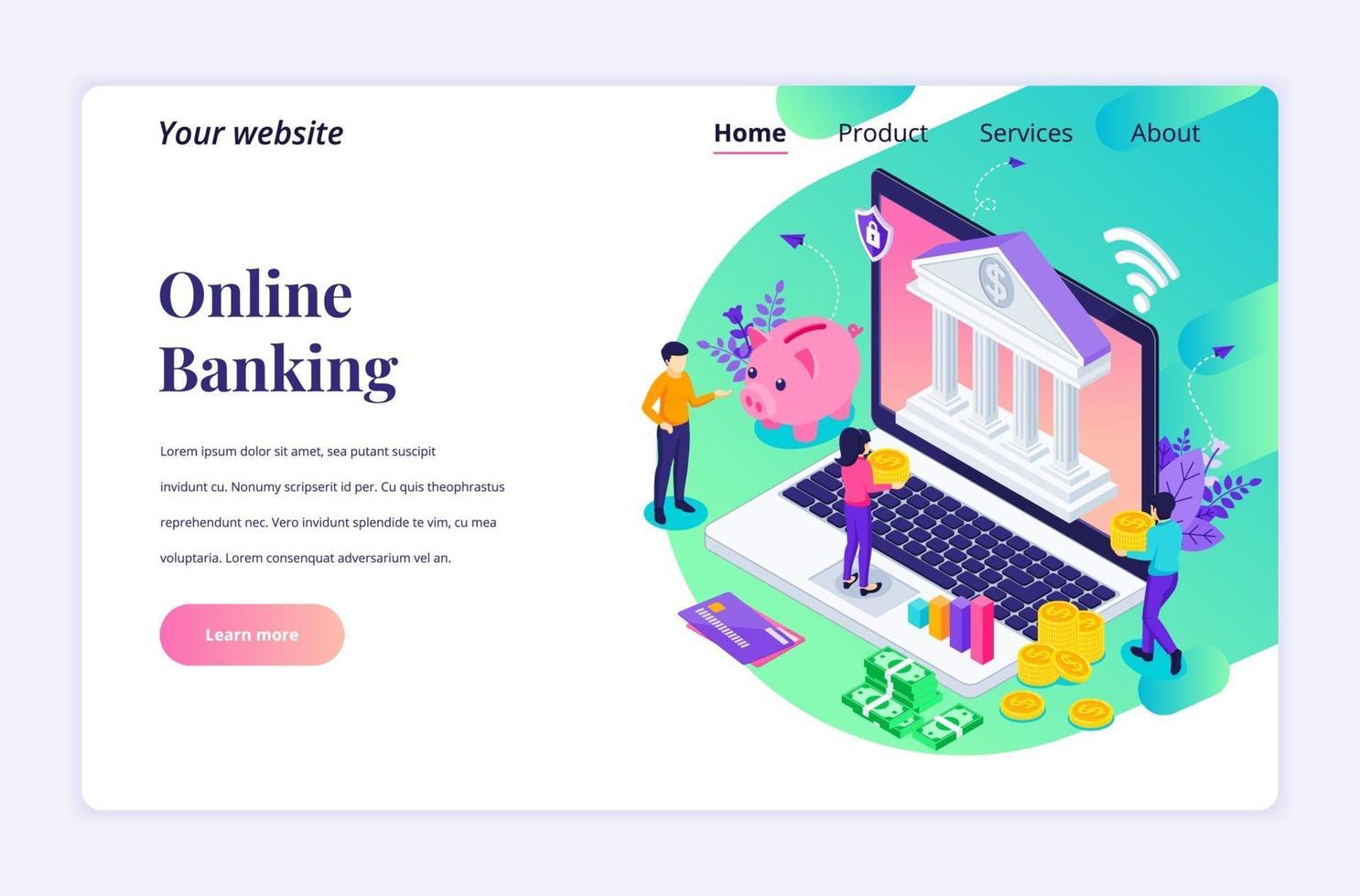 Modern flat isometric design concept of Online Banking with characters. Online financial investment for website and mobile website. Landing page template. vector illustration