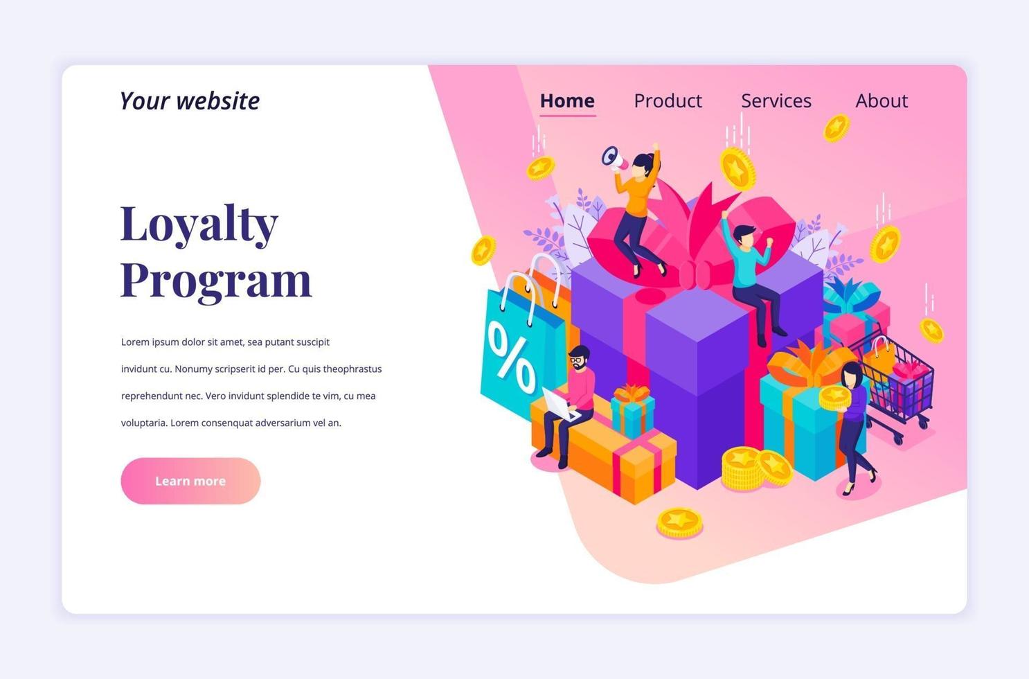 Isometric landing page design concept of Loyalty marketing program. Group of happy people near big gift boxes, discount and loyalty card, rewards card points and bonuses. vector illustration