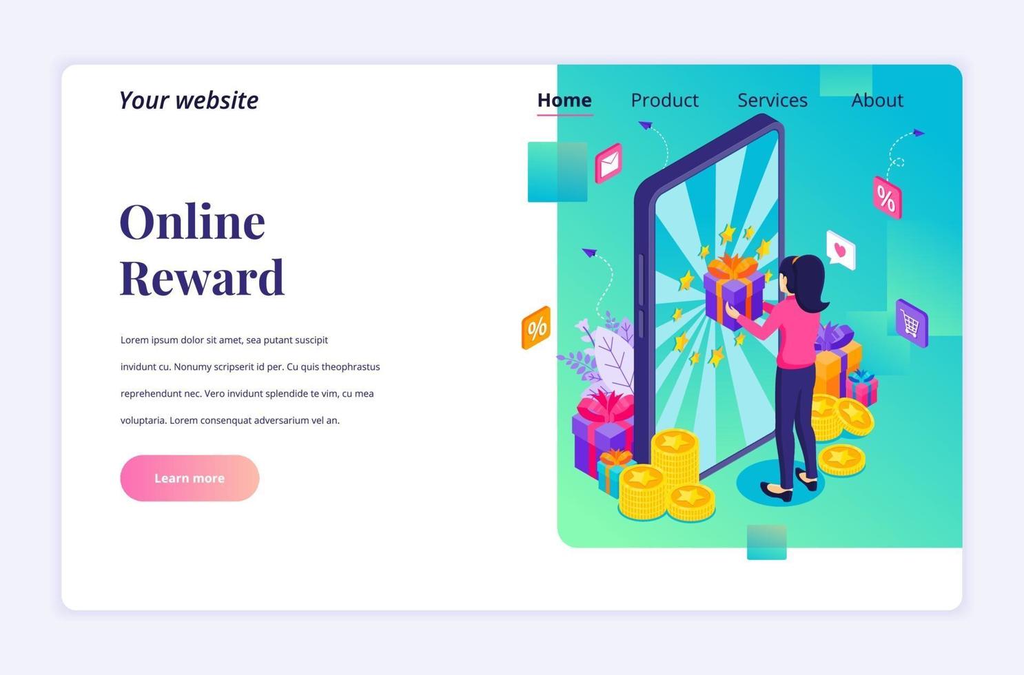 Isometric landing page design concept of Online reward. A woman receive a gift box from Online loyalty program and bonus. vector illustration