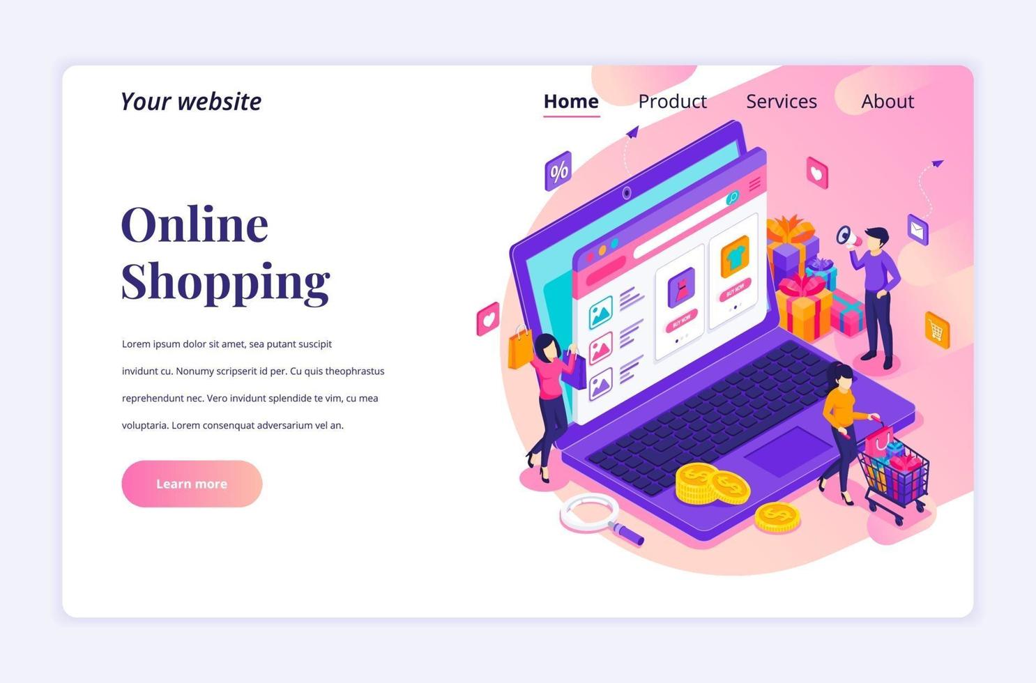 Isometric landing page design concept of Online Shopping. people buying products in web online store via laptop. vector illustration