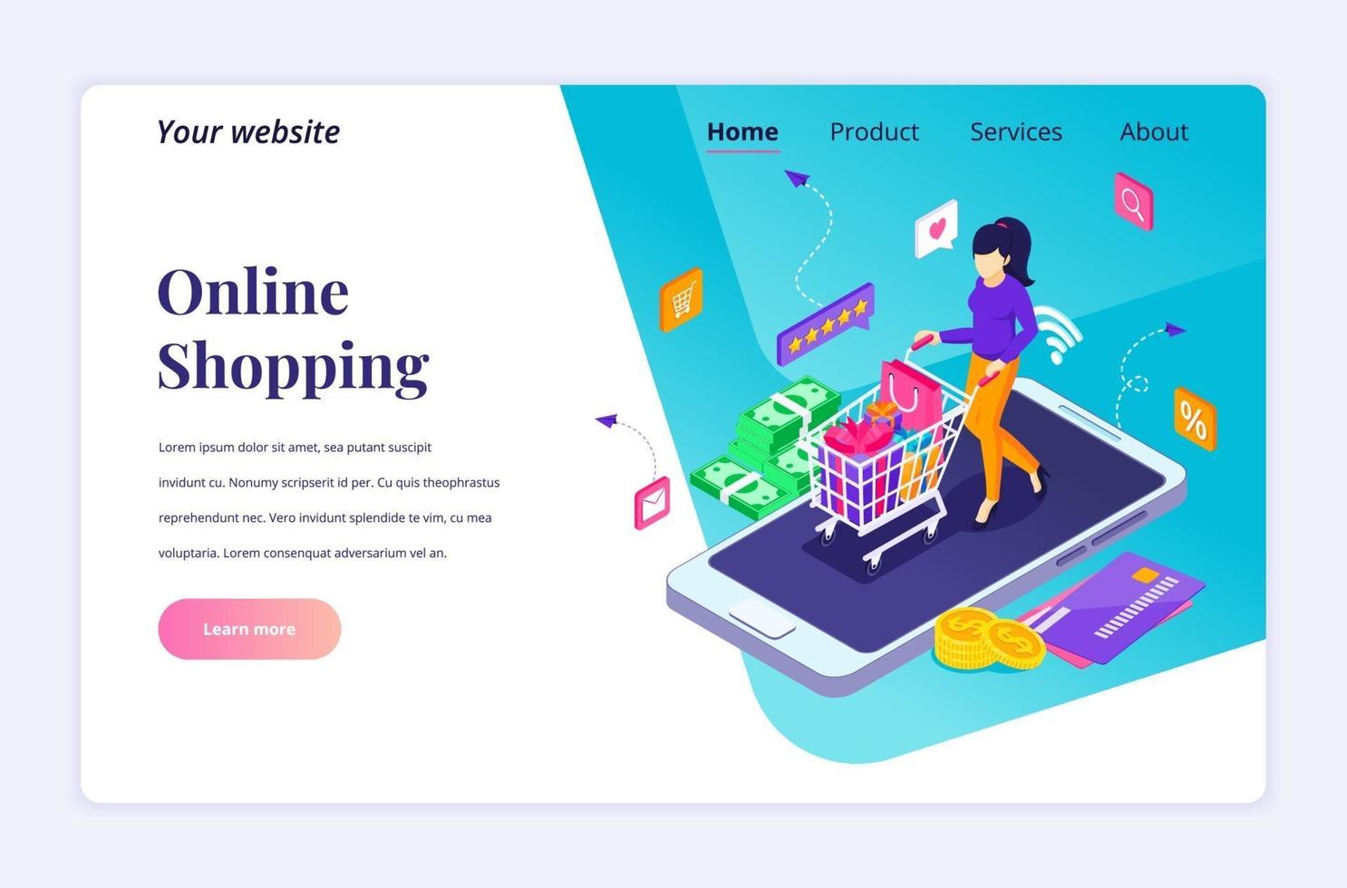Isometric landing page design concept of Online Shopping. A woman is carrying a shopping cart on a giant smartphone. vector illustration