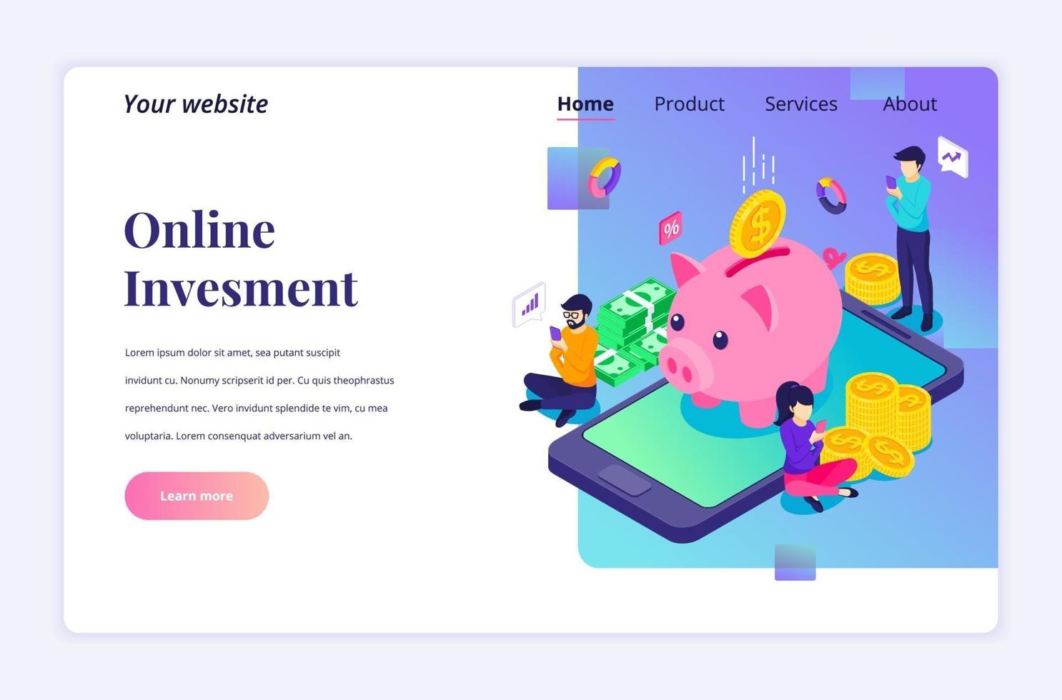 Isometric landing page design concept of Online Investment. people are investing money online for growth profit income near giant mobile phone. vector illustration