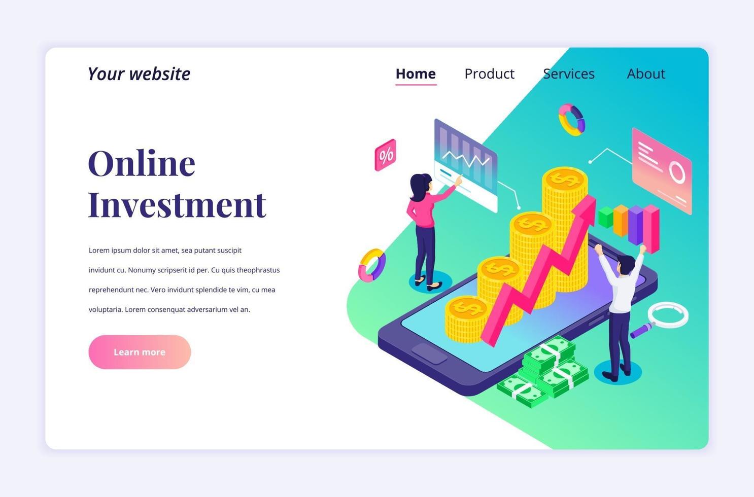 Isometric landing page design concept of Online Investment. People analyze financial charts and graphs, profit income with mobile phone. vector illustration