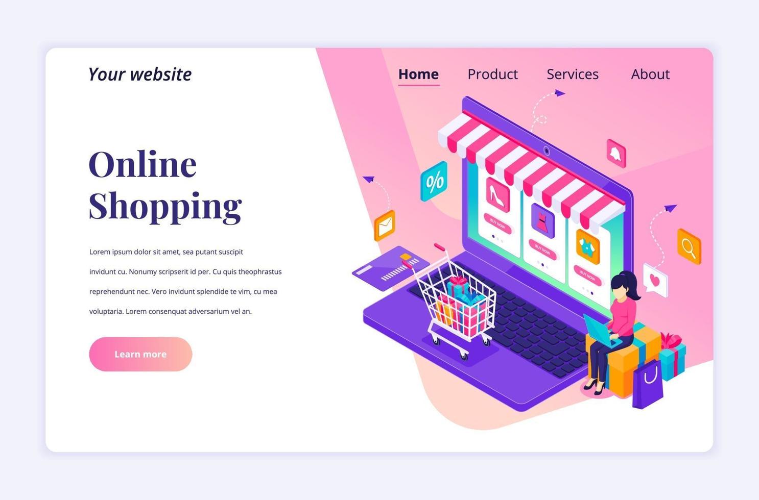 Modern flat isometric design concept of Online Shopping. A young woman using laptop to buying products in the online store for website and mobile website. Landing page template. vector illustration