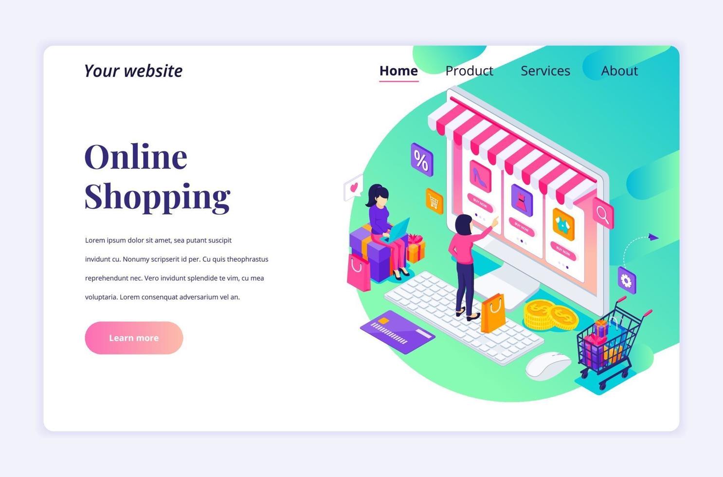 Modern flat isometric design concept of Online Shopping. Young Women buying products in the online store for website and mobile website. Landing page template. vector illustration