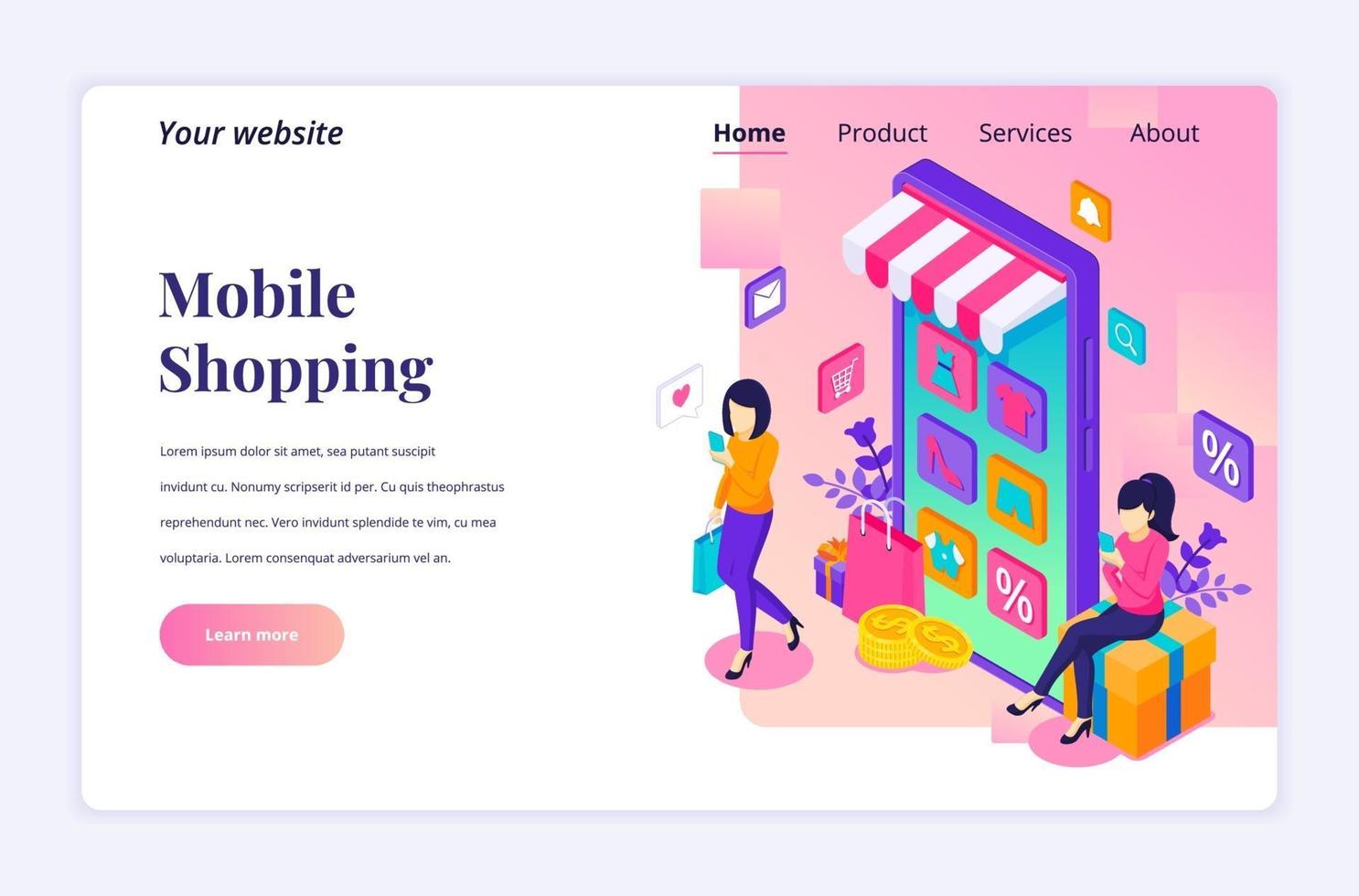 Modern flat isometric design concept of Online Shopping. Young Women buying products in the mobile application store for website and mobile website. Landing page template. vector illustration