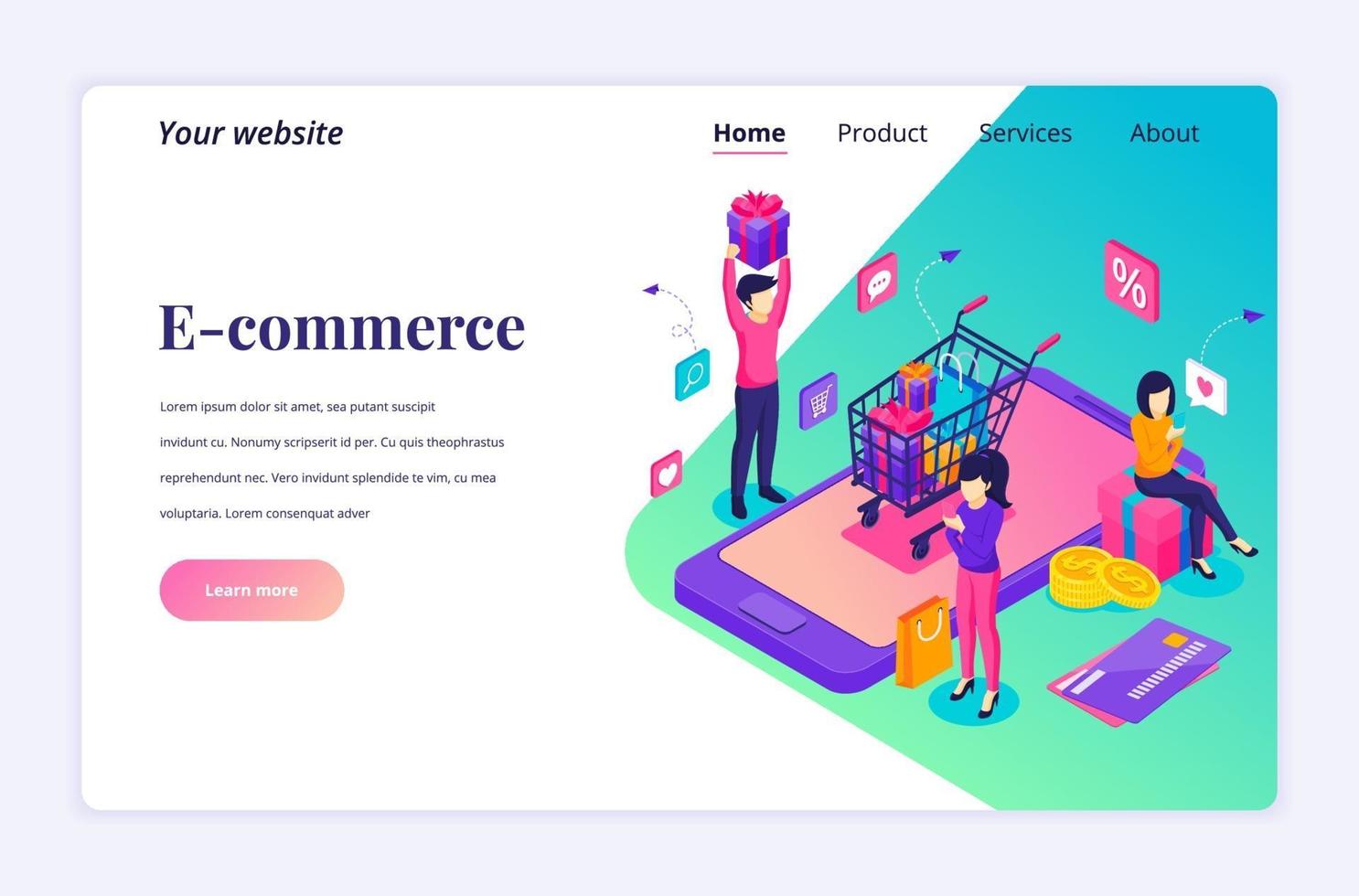 moderno concepto de diseño plano isométrico de comercio electrónico. personas que compran productos en la tienda en línea, concepto de compra en línea para el sitio web y el sitio web móvil. plantilla de página de destino. ilustración vectorial vector