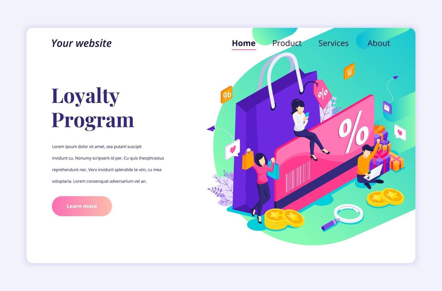 Isometric landing page design concept of Loyalty marketing program with character, Discount and loyalty card, rewards card points and bonuses. vector illustration