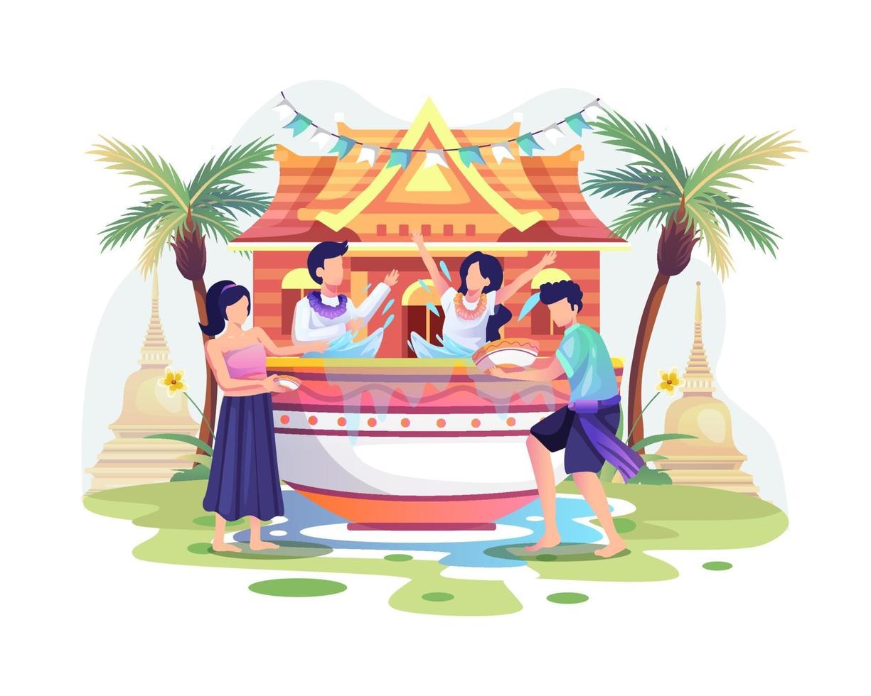 la gente celebra el festival de songkran tailandia tradicional día de año nuevo salpicando agua de cuencos vector