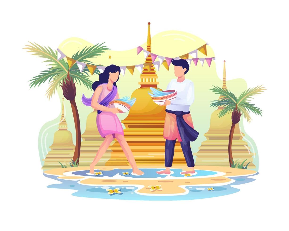 Happy couple celebrates Songkran festival by splashing water on each other vector