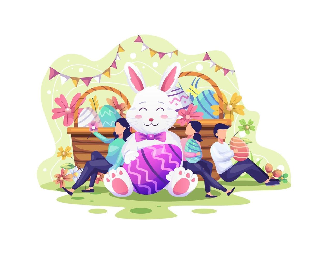 la gente feliz celebra el día de pascua con un conejito, cestas llenas de huevos de pascua y flores vector