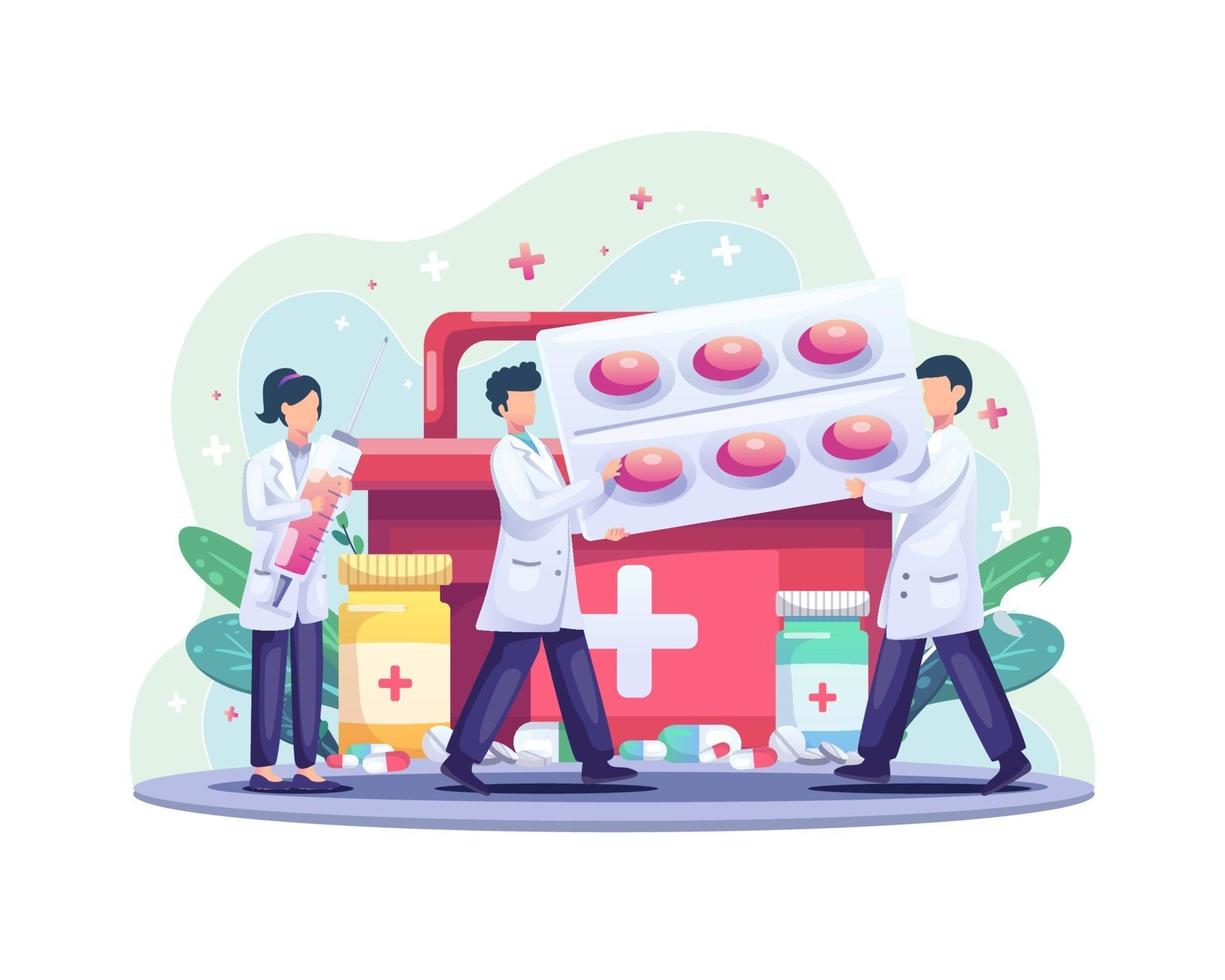 World Health Day illustration concept with Group of doctors bring health medicine and pills vector