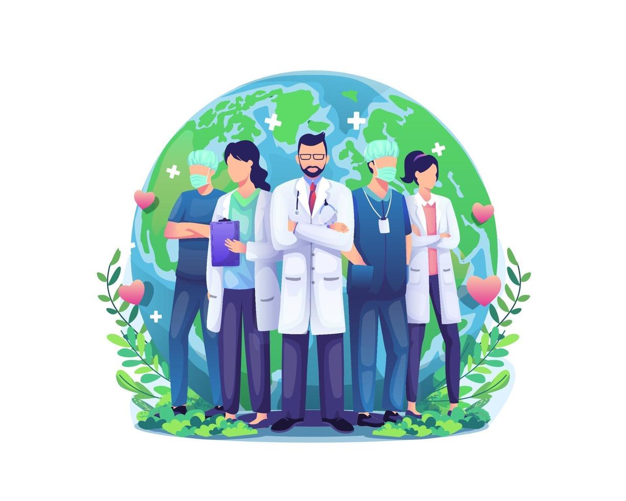 World Health Day illustration concept with a Group of staff medical doctors and nurses standing in front of the world globe vector