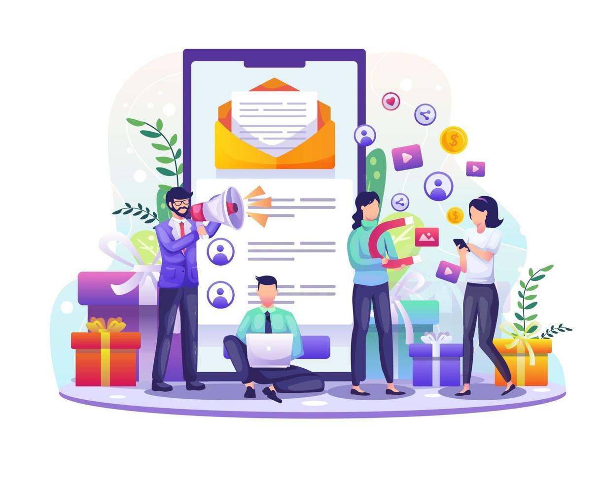 Referral and affiliate partnership program with businessman Referring people using a smartphone. Marketing strategy concept illustration vector