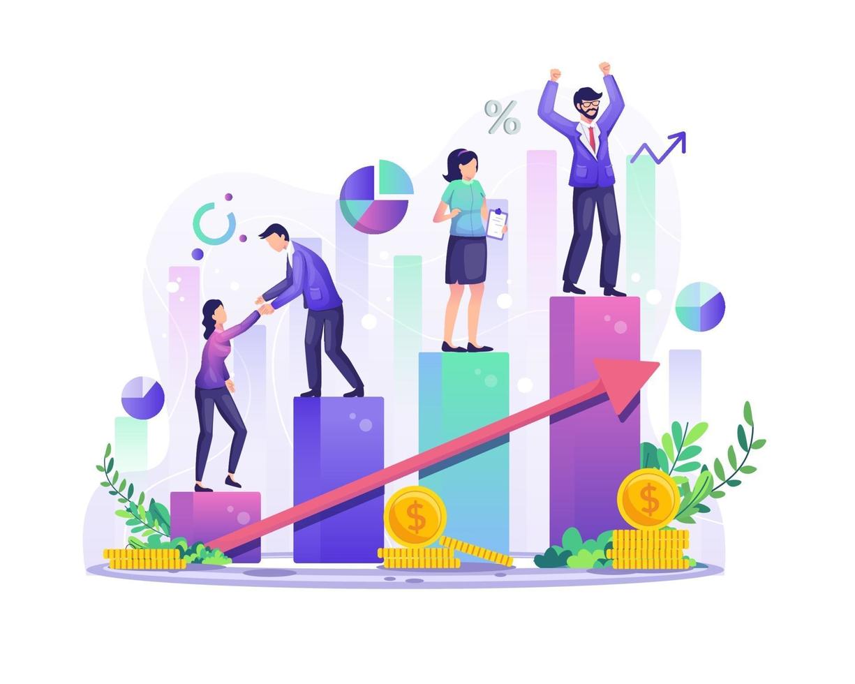 Business Success concept, business people climb the bar graph through a column by column for their success illustration vector