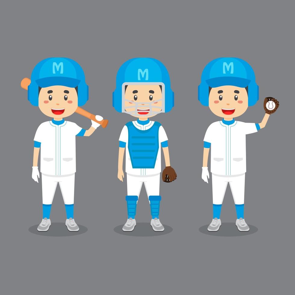 dibujos animados de jugadores de béisbol con diversas actividades. vector