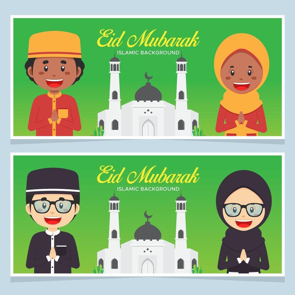 feliz tarjeta de felicitación de eid mubarak con personaje vector