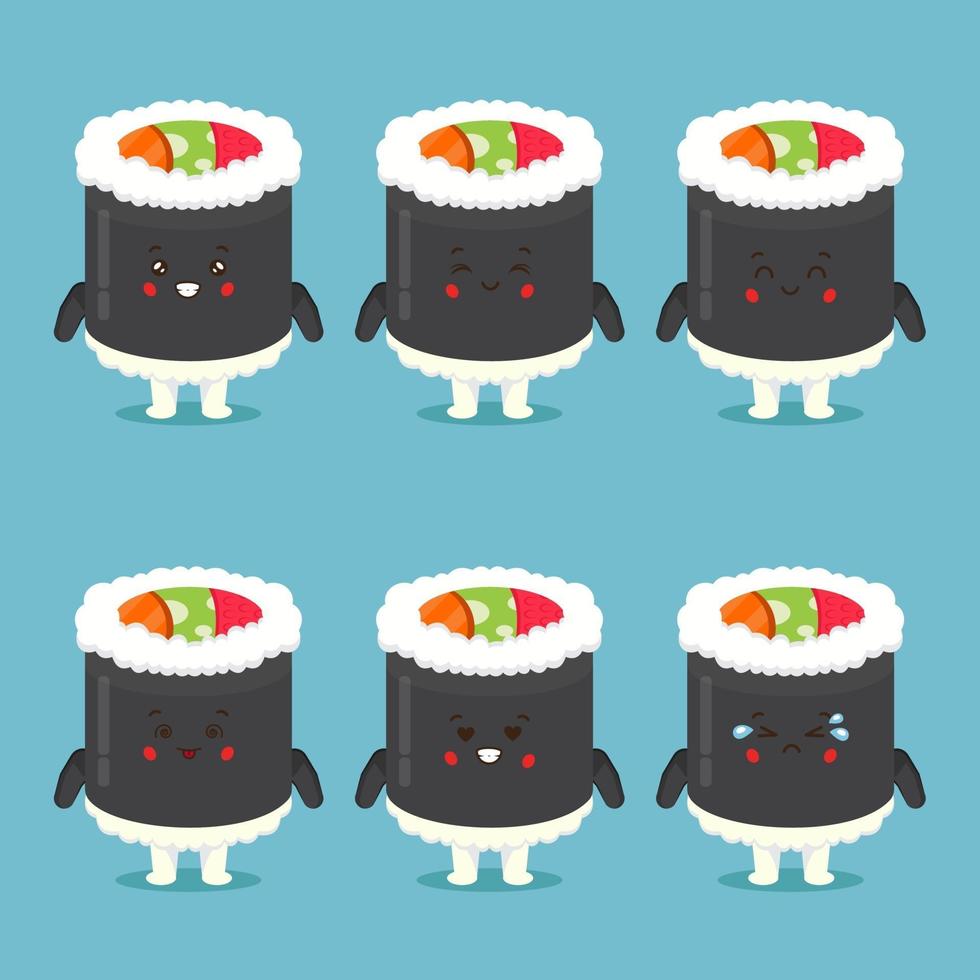 lindo personaje de rollo de sushi con expresiones vector