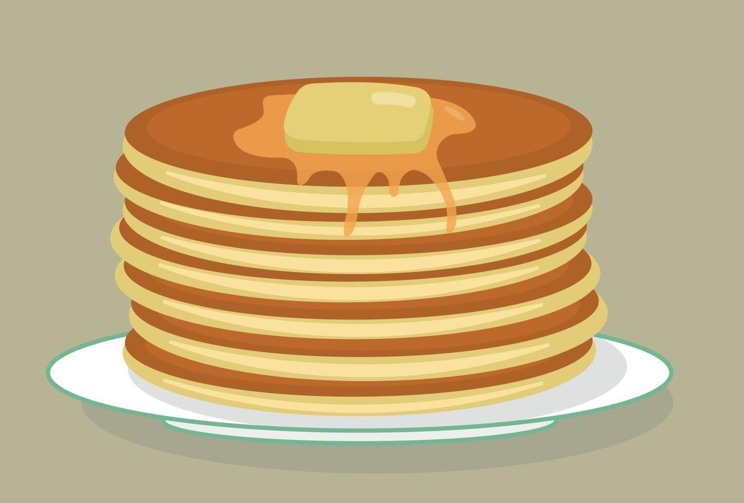 Stack of tasty american pancakes on a plate with butter and honey, syrup. Shrovetide. Maslenitsa. Flat vector illustration