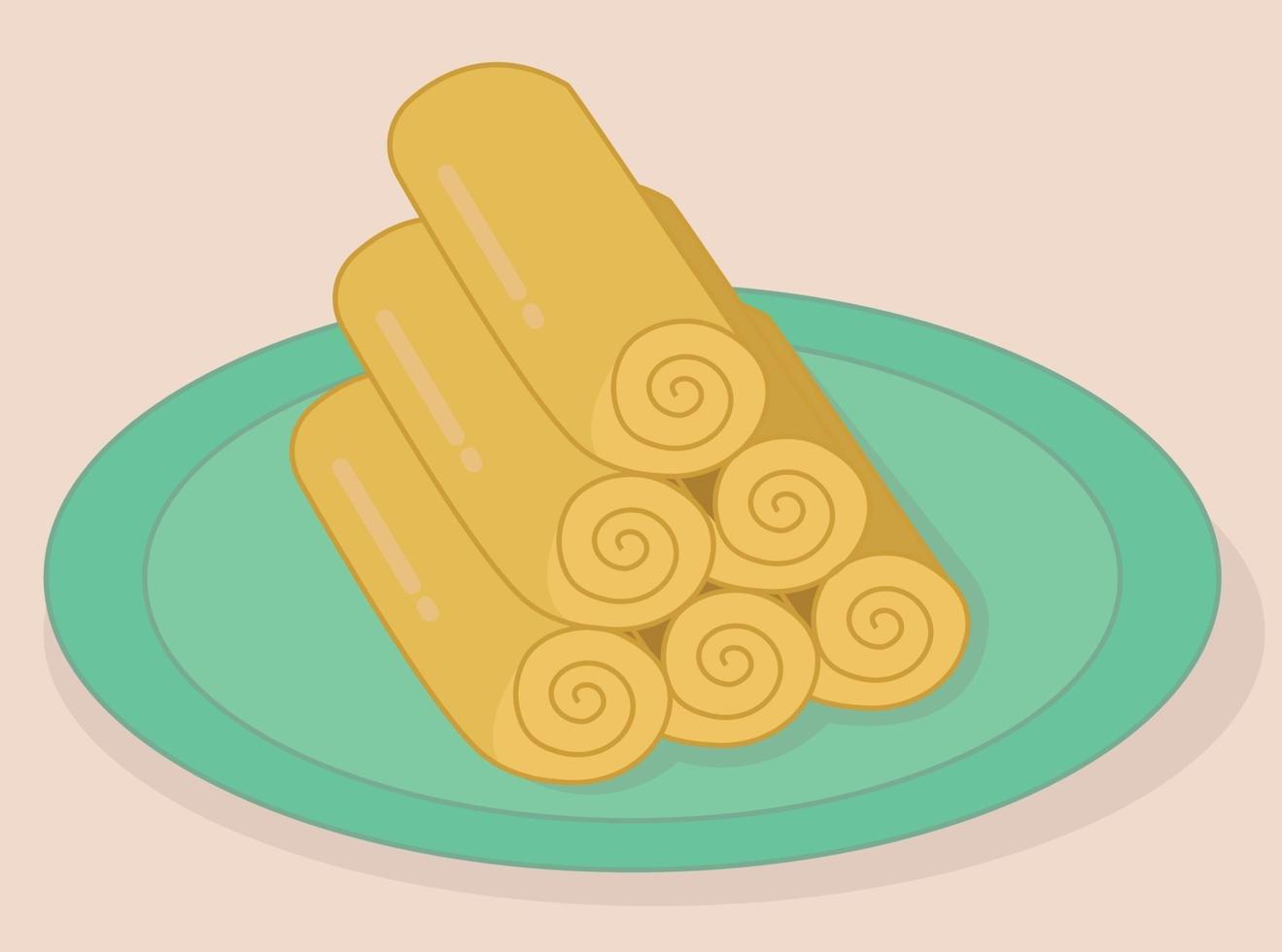 Rolled thin pancakes on a plate. Shrovetide. Maslenitsa. Flat vector illustration