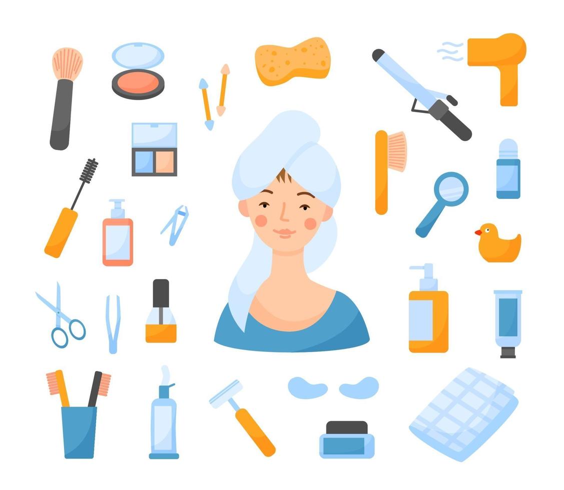 Vector Set With Girl and Bathroom Items.