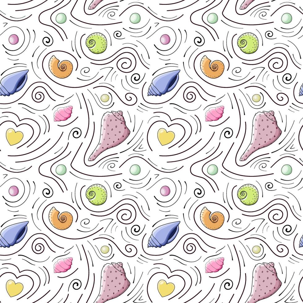 conchas marinas vector de patrones sin fisuras en estilo de dibujos animados. conchas marinas moradas, rosas, naranjas, corazones amarillos, esferas rojas y amarillas y líneas negras del doodle