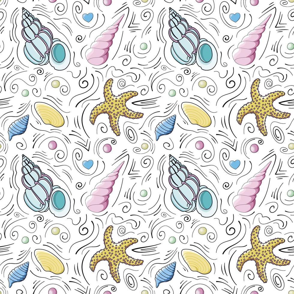 Seashells vector seamless pattern in cartoon style. Yellow starfish, blue, pink, yellow seashells, hearts, spheres and black doodle lines