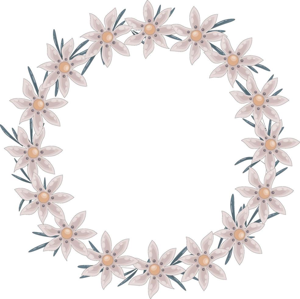 Vector beige wreath of wild daisies and green long leaves. Isolated frame has a place for text