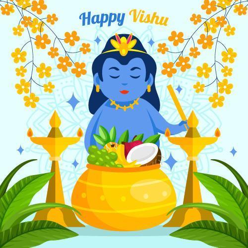 Flat Happy Vishu with Blue Background vector