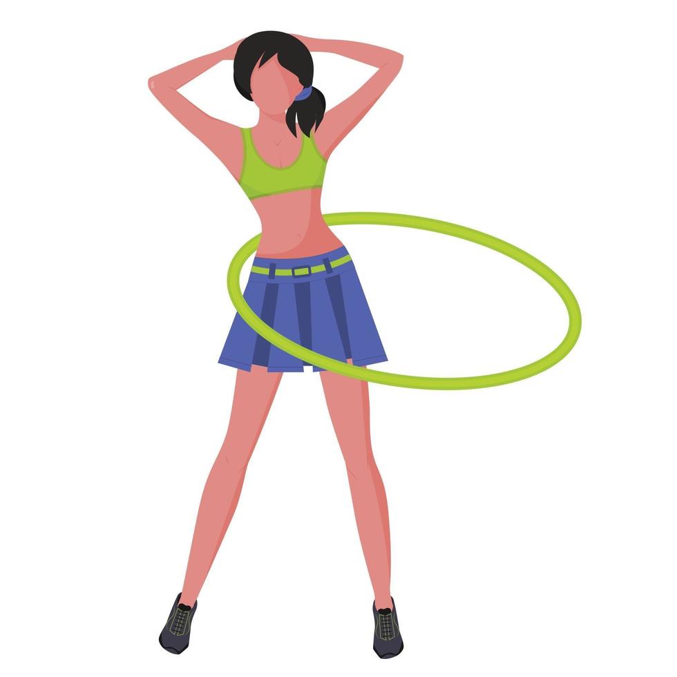 A young woman in a sports uniform does gymnastic exercises. Hula hoop. Healthy lifestyle. Vector illustration in a flat style.