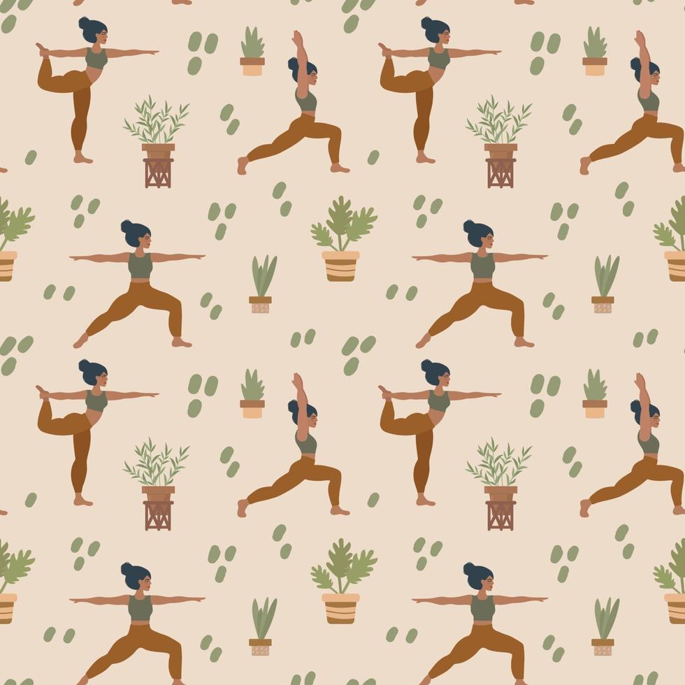 fondo de yoga. las chicas hacen pilates y meditación. patrón con personas en diferentes poses. patrón de entrenamiento al aire libre para textiles. vector