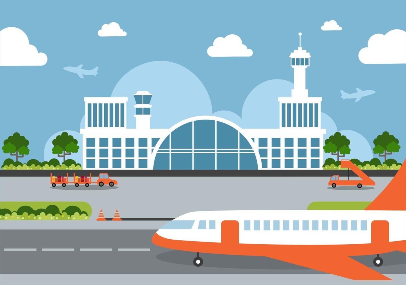 Edificio de la terminal del aeropuerto con aviones infográficos despegando y diferentes tipos de transporte plantillas de elementos ilustración vectorial vector