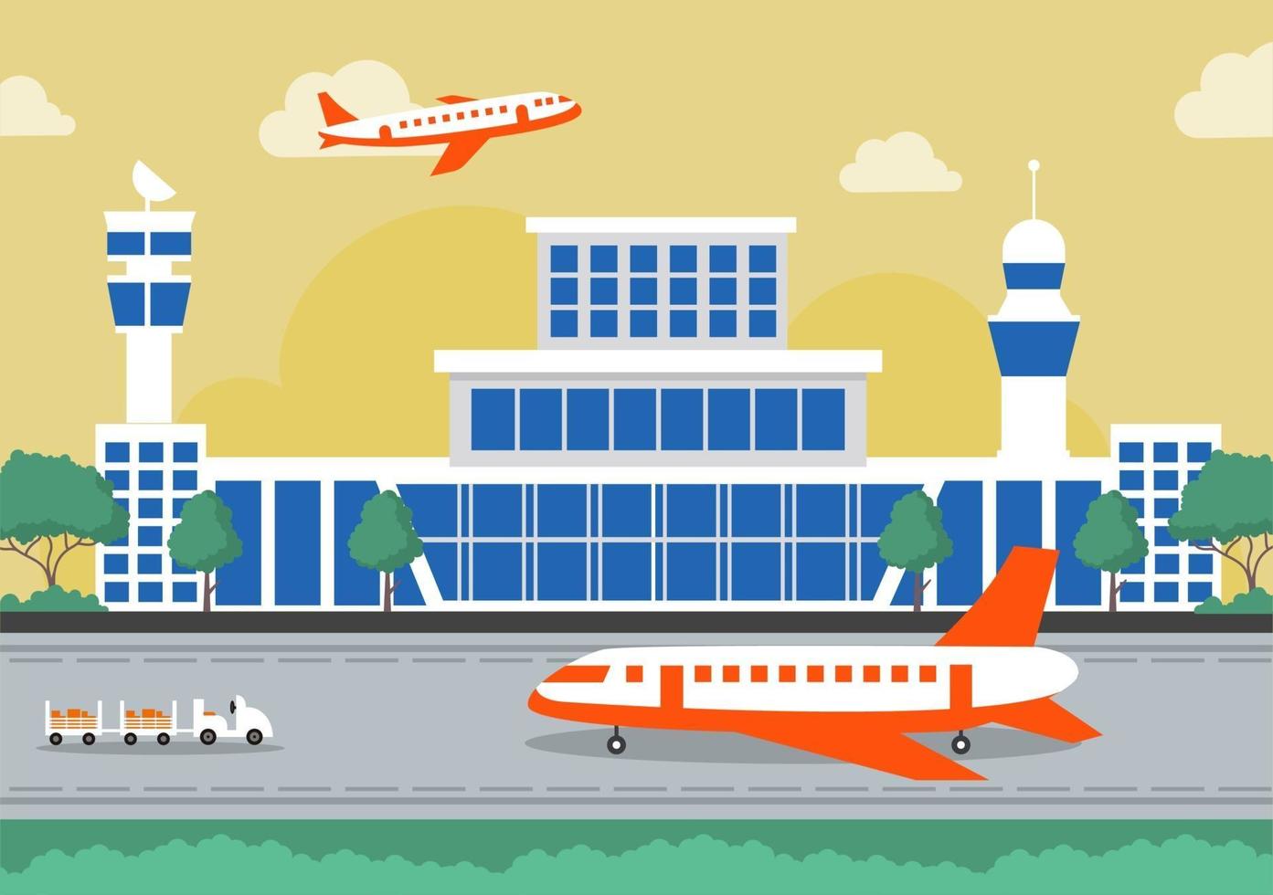 Edificio de la terminal del aeropuerto con aviones infográficos despegando y diferentes tipos de transporte plantillas de elementos ilustración vectorial vector