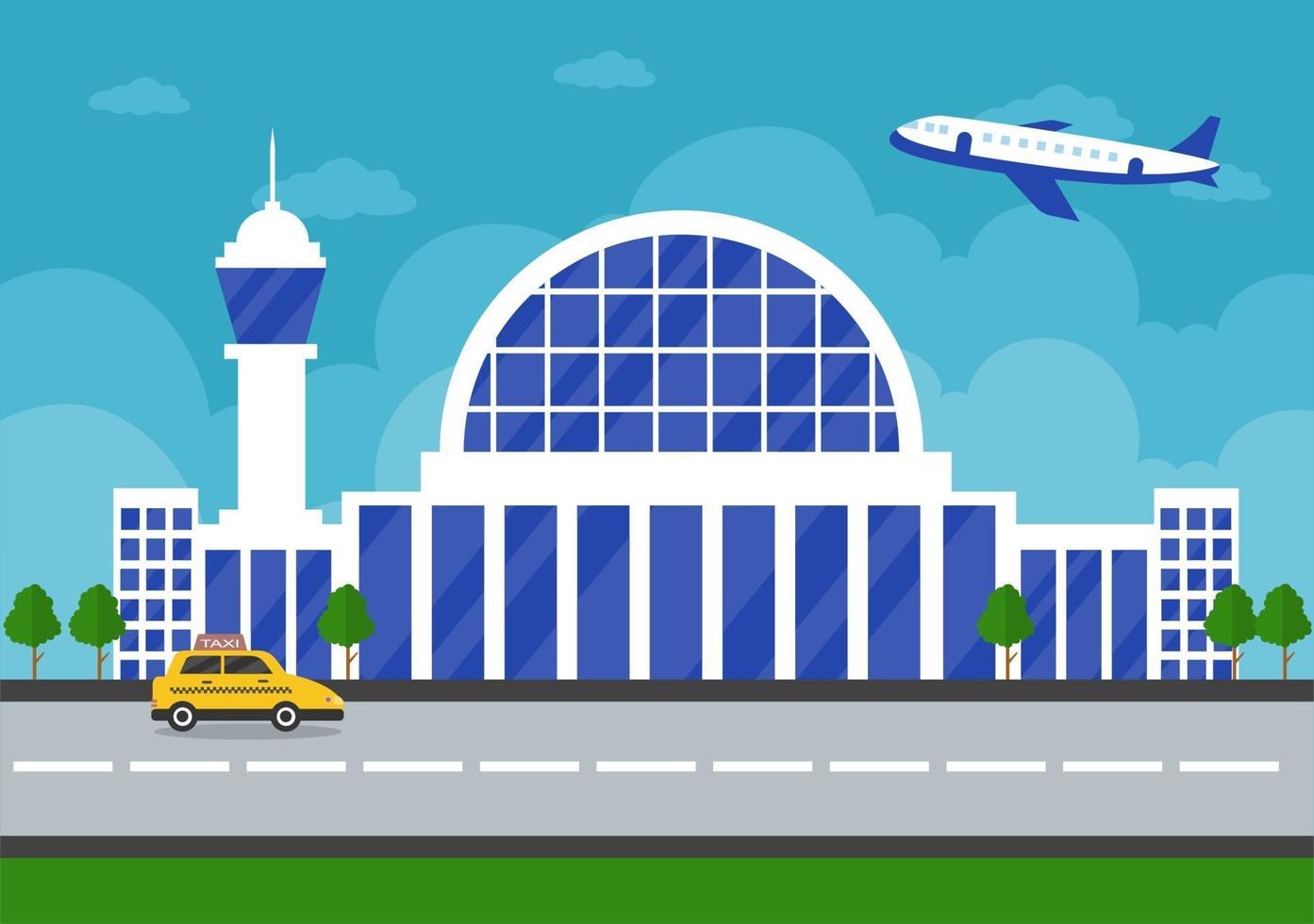 Edificio de la terminal del aeropuerto con aviones infográficos despegando y diferentes tipos de transporte plantillas de elementos ilustración vectorial vector