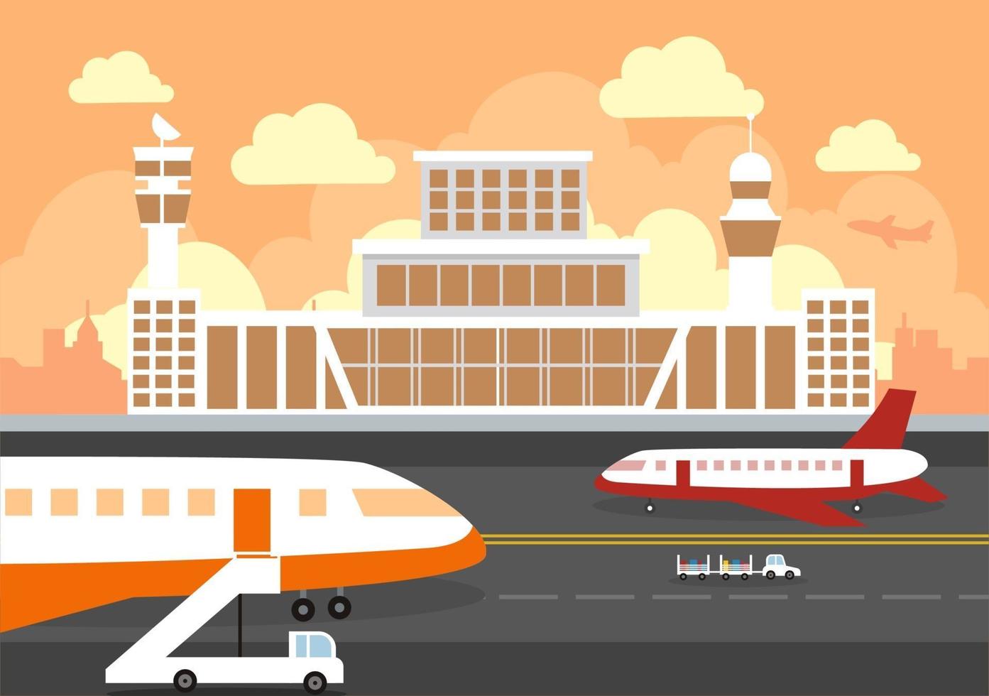 Airport Terminal Building with Infographic Aircraft Taking off and Different Transport Types Elements Templates Vector Illustration