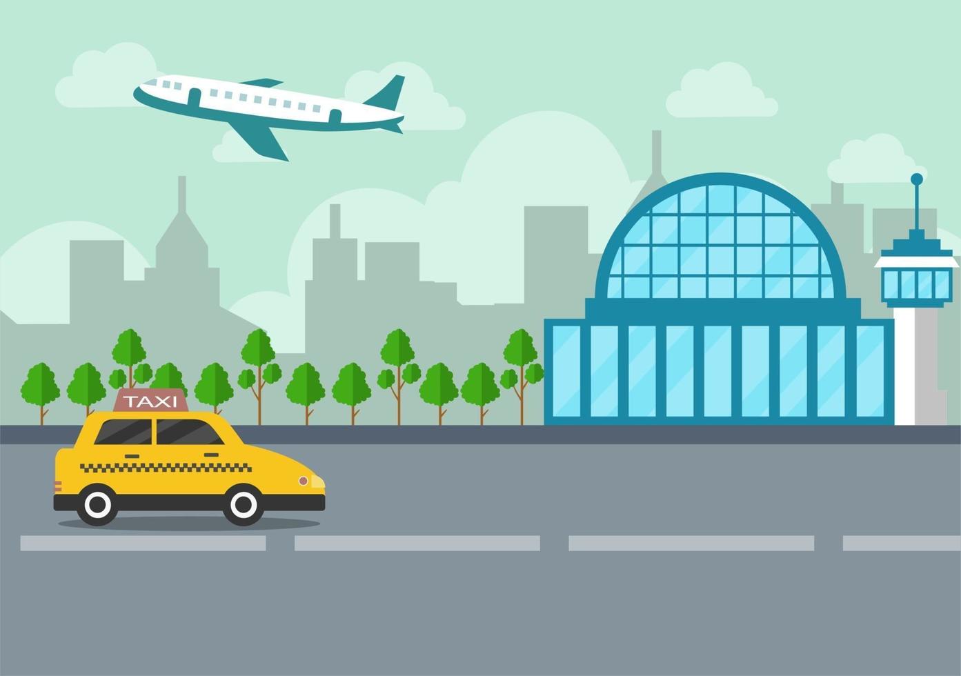 Airport Terminal Building with Infographic Aircraft Taking off and Different Transport Types Elements Templates Vector Illustration