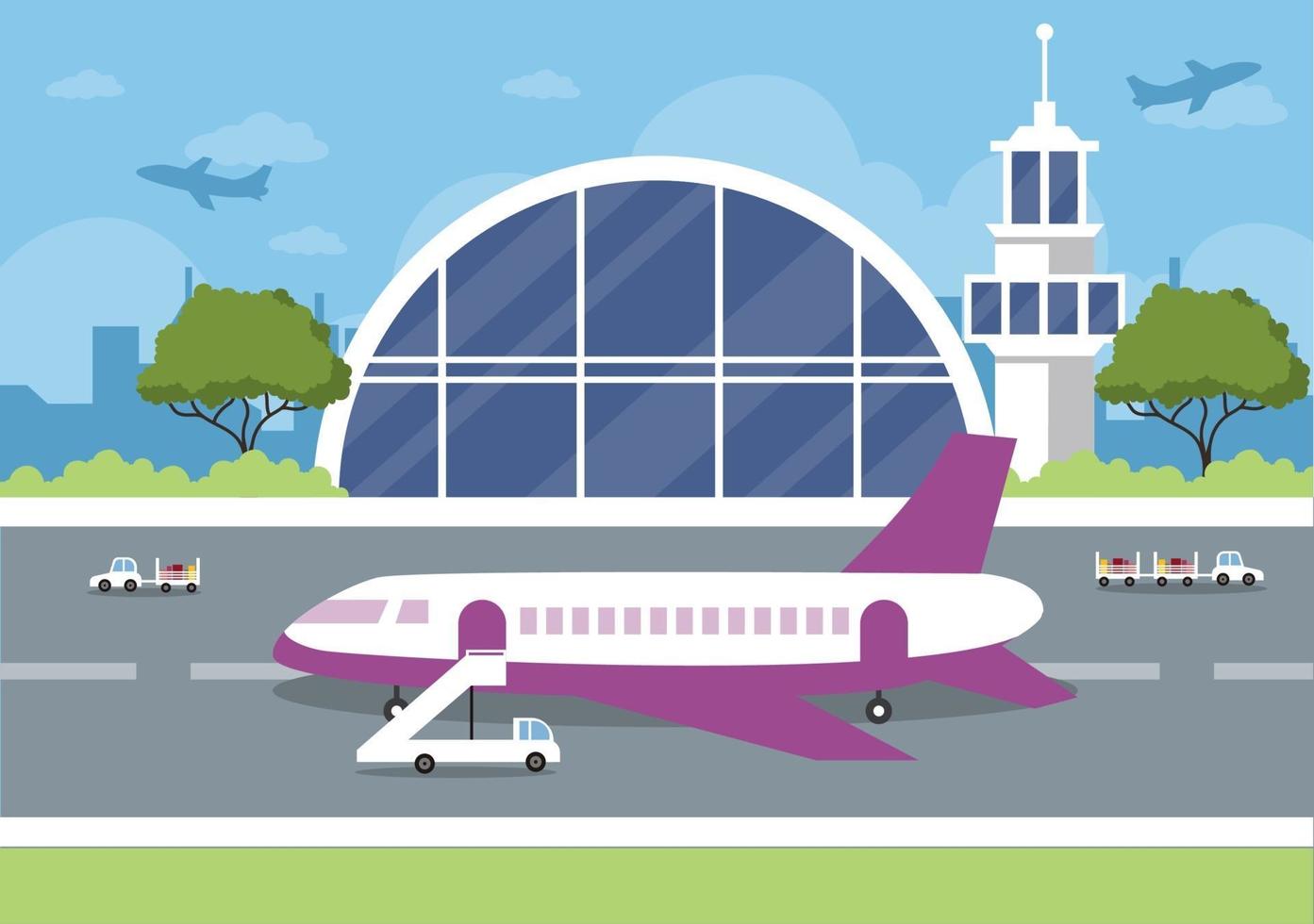 Airport Terminal Building with Infographic Aircraft Taking off and Different Transport Types Elements Templates Vector Illustration