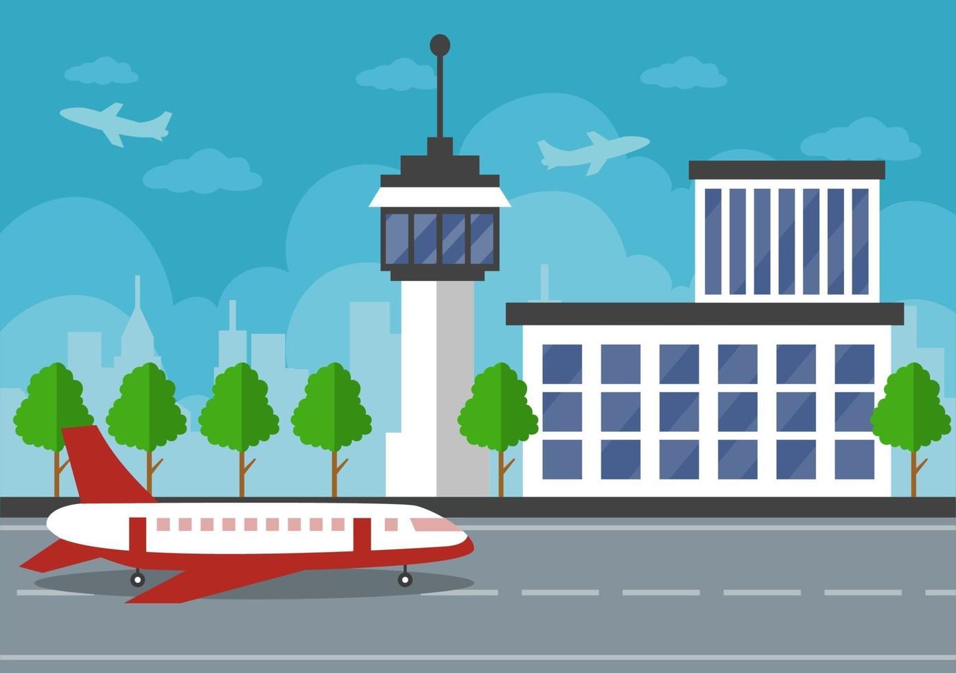 Edificio de la terminal del aeropuerto con aviones infográficos despegando y diferentes tipos de transporte plantillas de elementos ilustración vectorial vector