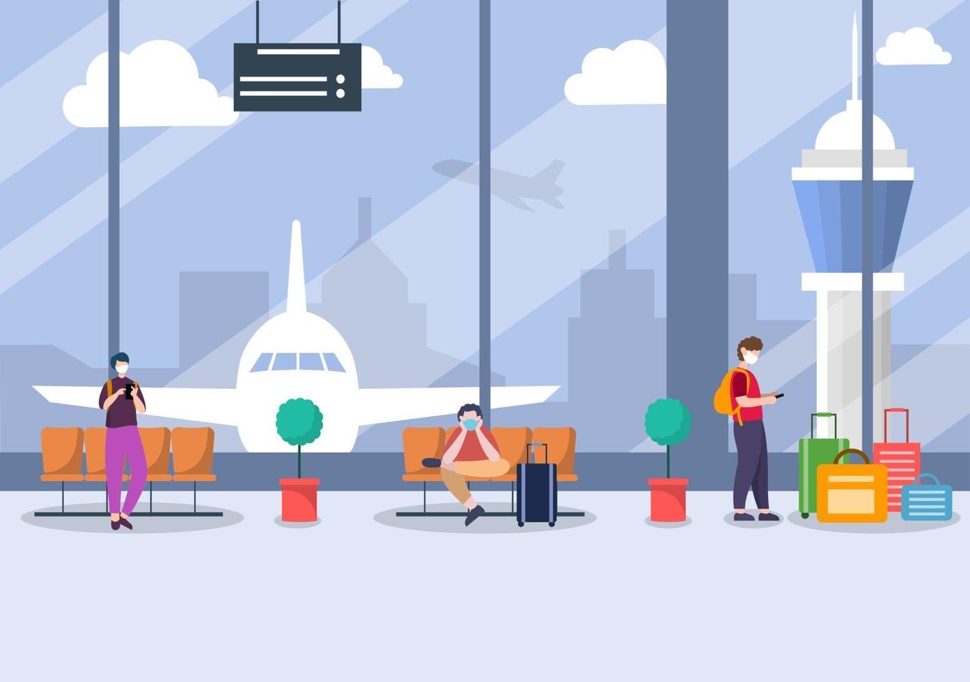 gente nueva normal, ilustración vectorial en máscaras sentado en la terminal interior del aeropuerto, concepto de viajes de negocios. diseño plano. vector