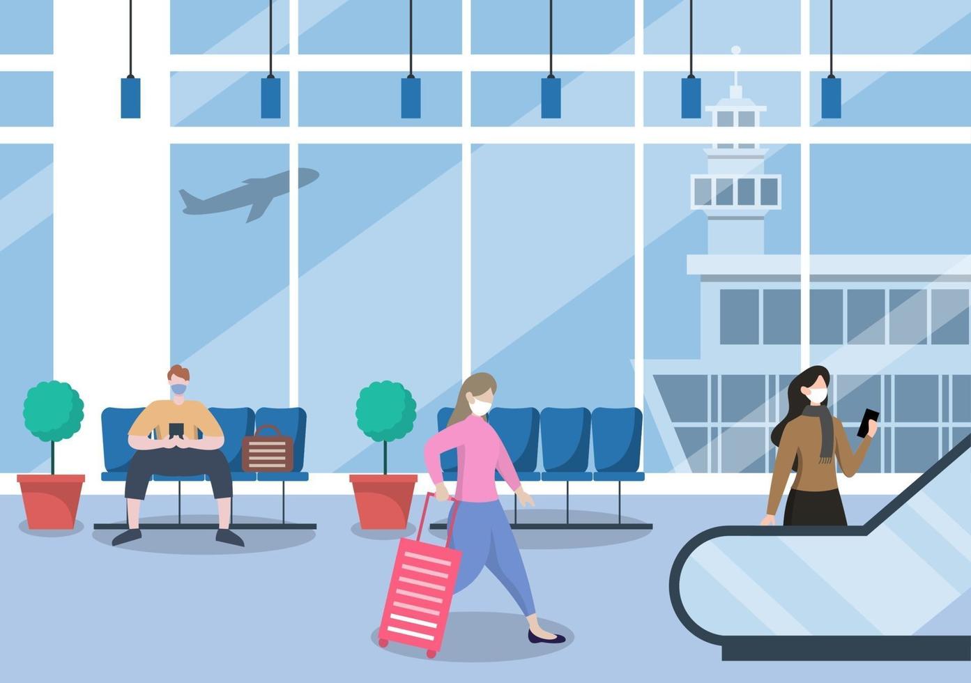 gente nueva normal, ilustración vectorial en máscaras sentado en la terminal interior del aeropuerto, concepto de viajes de negocios. diseño plano. vector