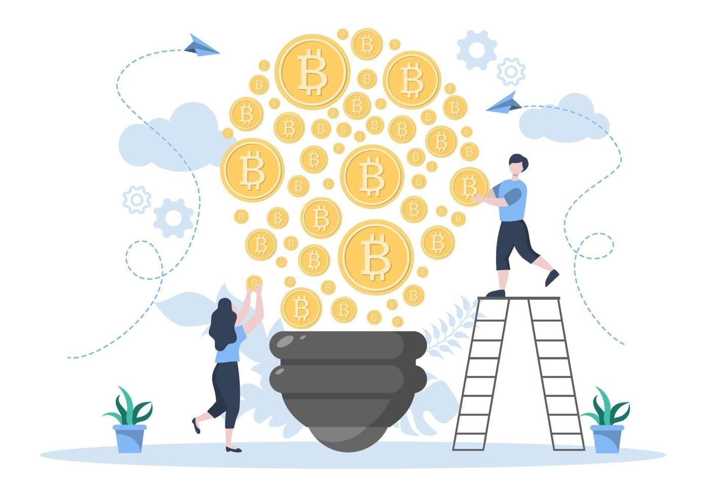 diseño plano de ilustración de criptomoneda con mineros de negocios y monedas. para tecnología financiera, blockchain y análisis de datos. vector