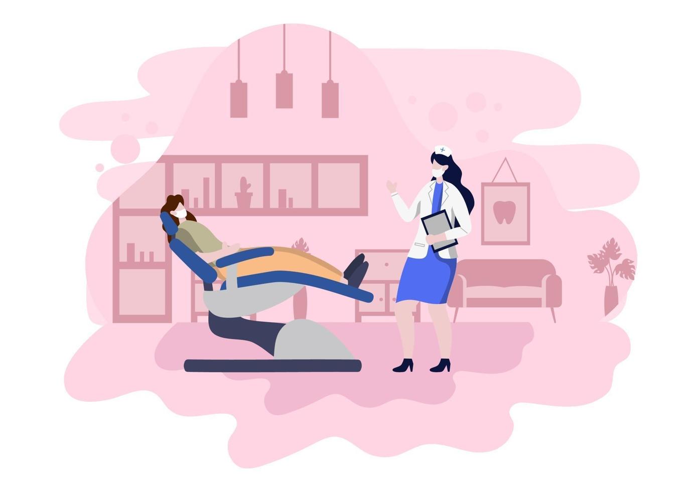 Dental Office Flat Color Illustration. Hospital interior with Workplace, Equipment, Instruments, Consultation, Treatment and Diagnosis vector