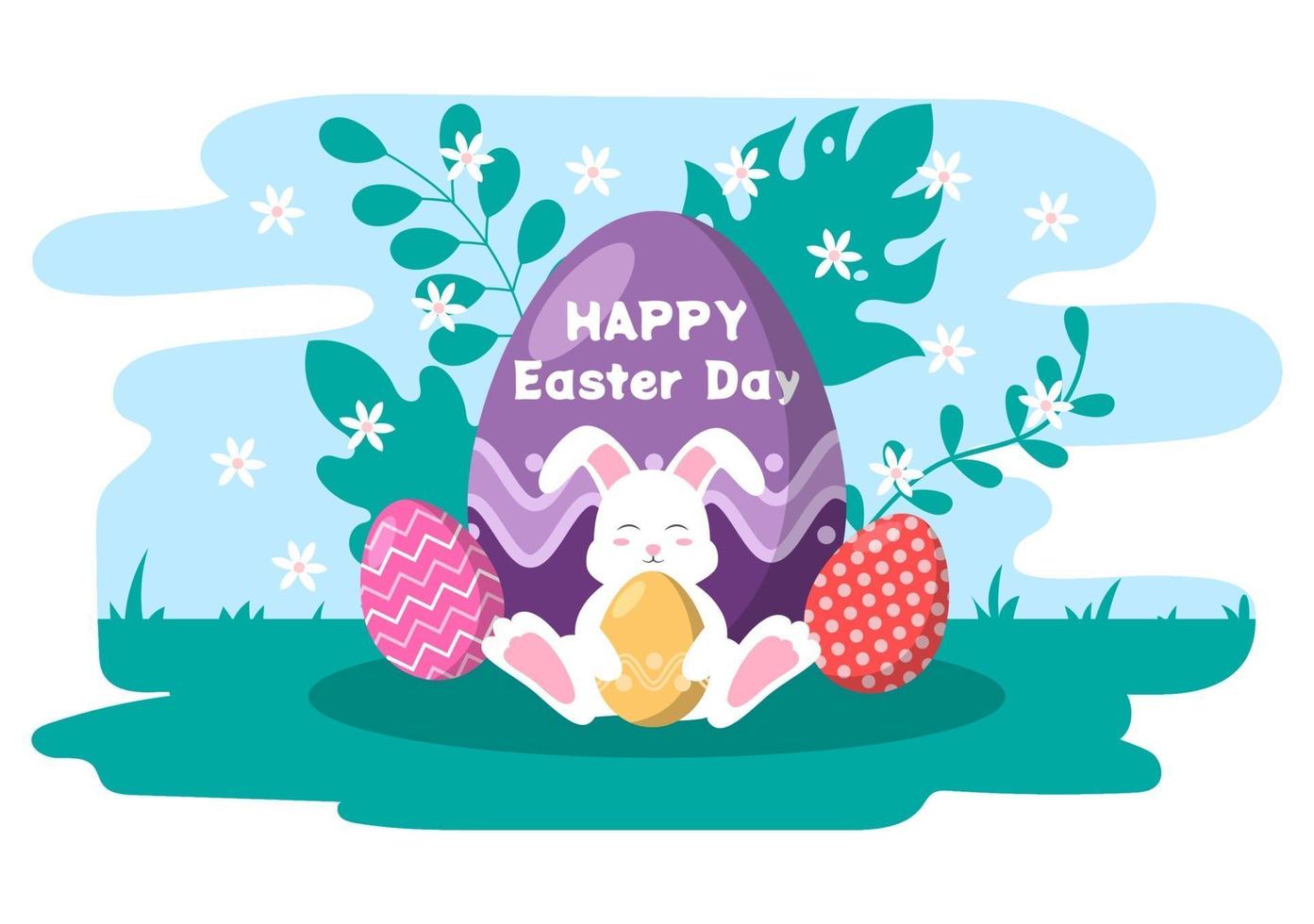 Happy Easter Day Flat Design Illustration Background for Poster, Invitation, and Greeting Card. Rabbit and Eggs Concept. vector