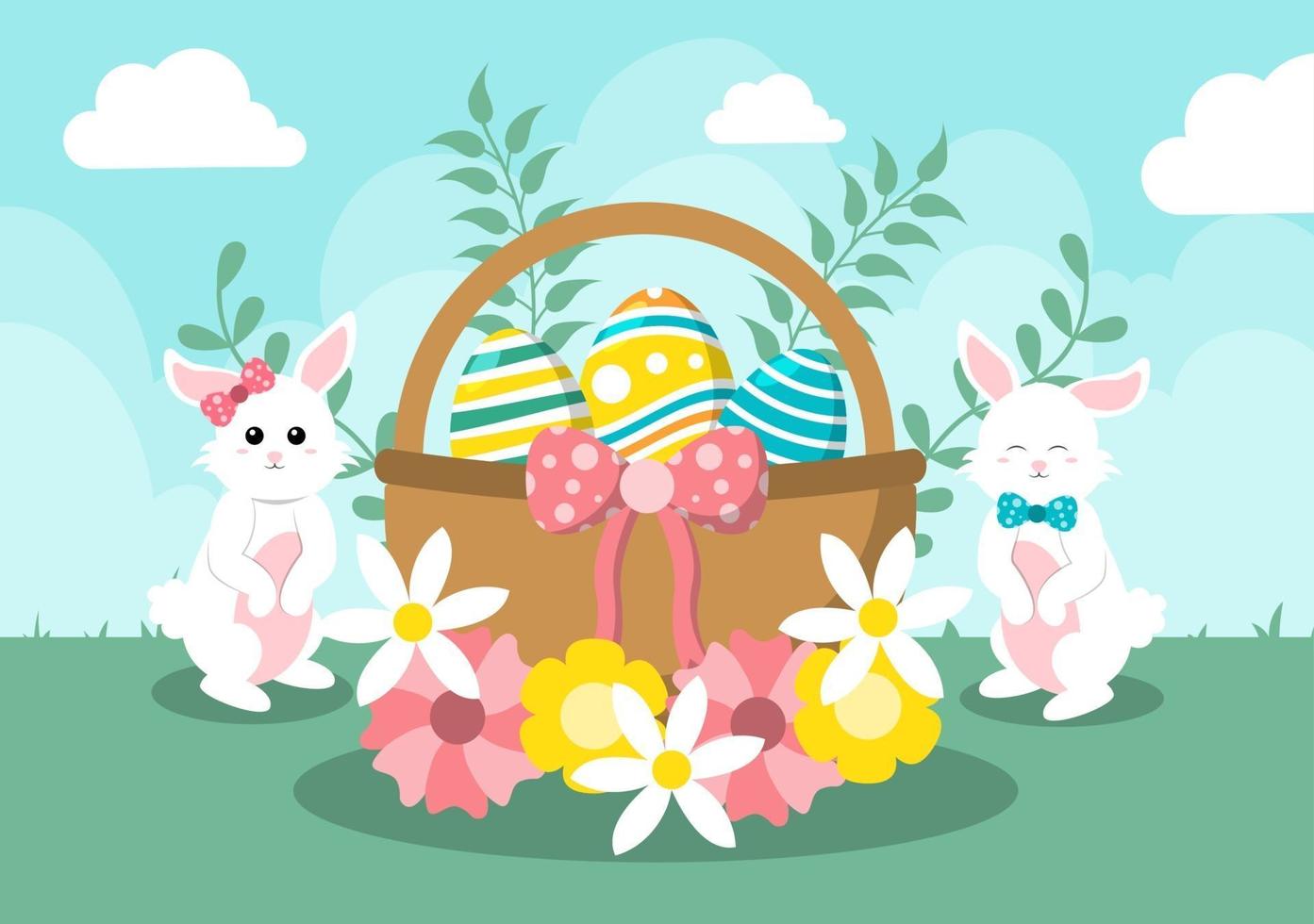 Happy Easter Day Flat Design Illustration Background for Poster, Invitation, and Greeting Card. Rabbit and Eggs Concept. vector