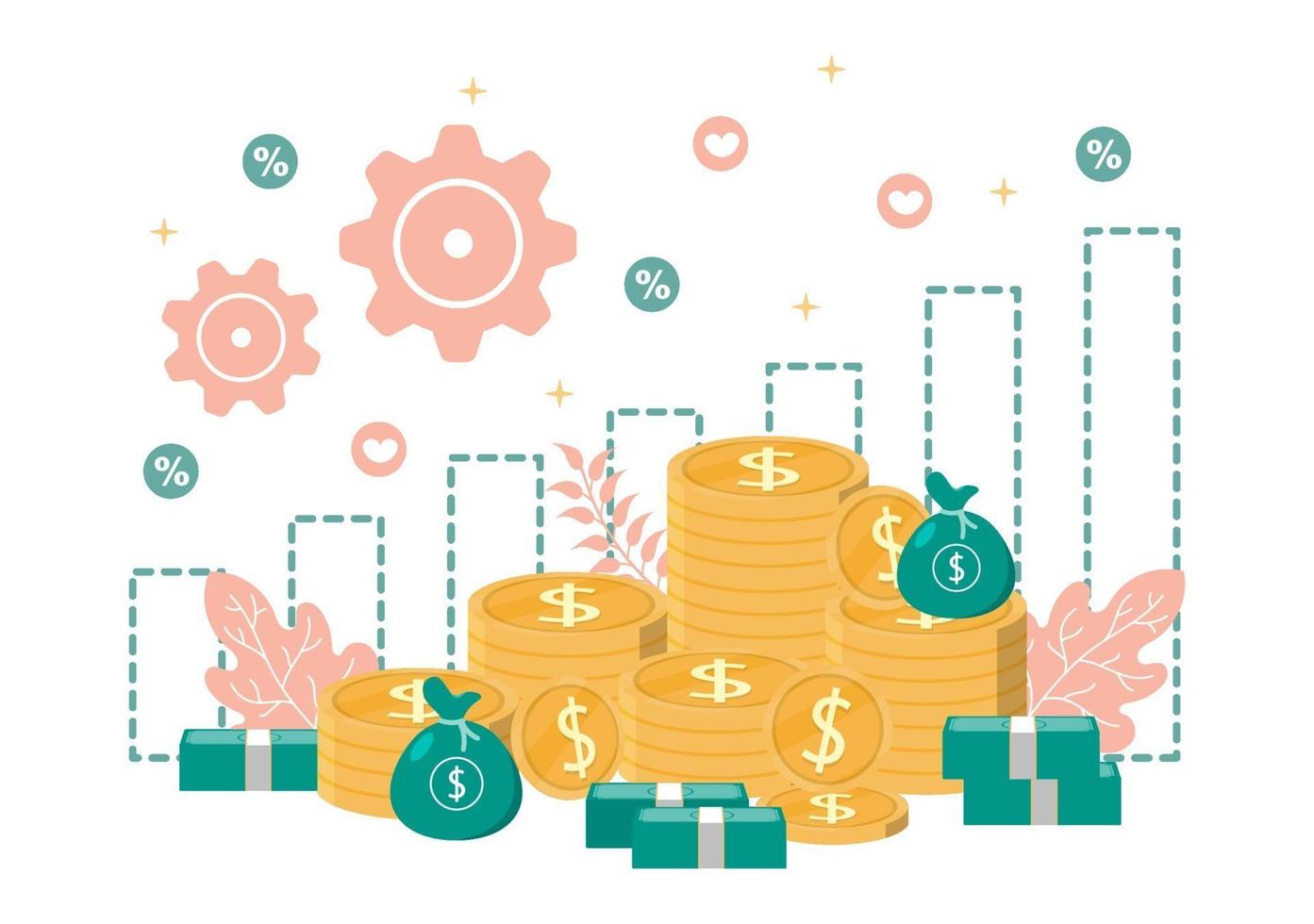 Investments Flat Illustration for Banner Business Solution, Web Page Analysis of Sales, Statistic Grow Data, Accounting, Innovative Ideas, and Cash Profits Concept vector