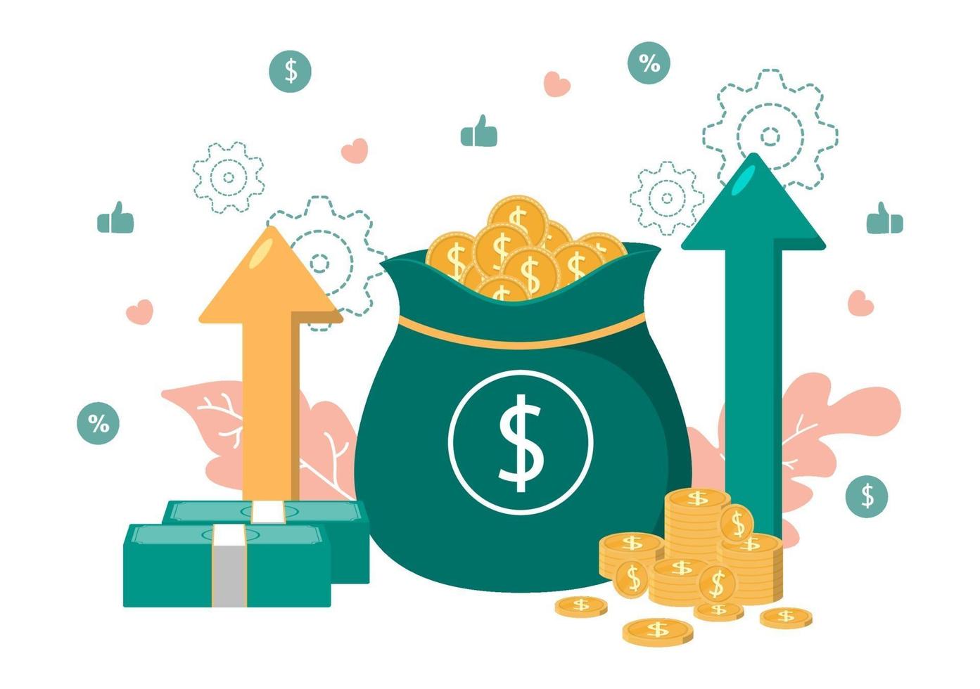 Investments Flat Illustration for Banner Business Solution, Web Page Analysis of Sales, Statistic Grow Data, Accounting, Innovative Ideas, and Cash Profits Concept vector