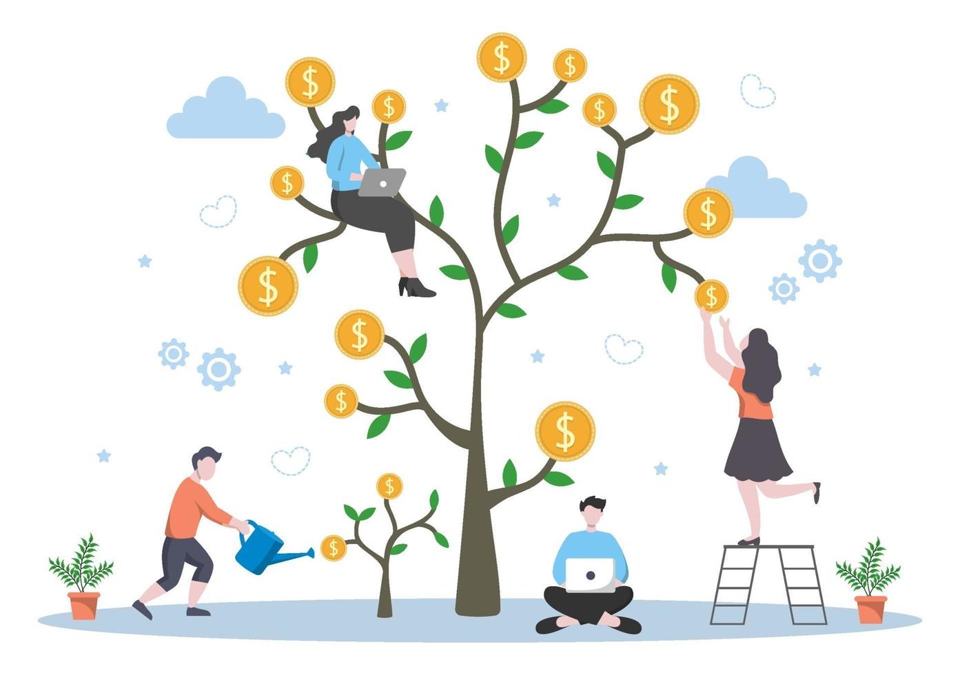 Investments Flat Illustration for Banner Business Solution, Web Page Analysis of Sales, Statistic Grow Data, Accounting, Innovative Ideas, and Cash Profits Concept vector