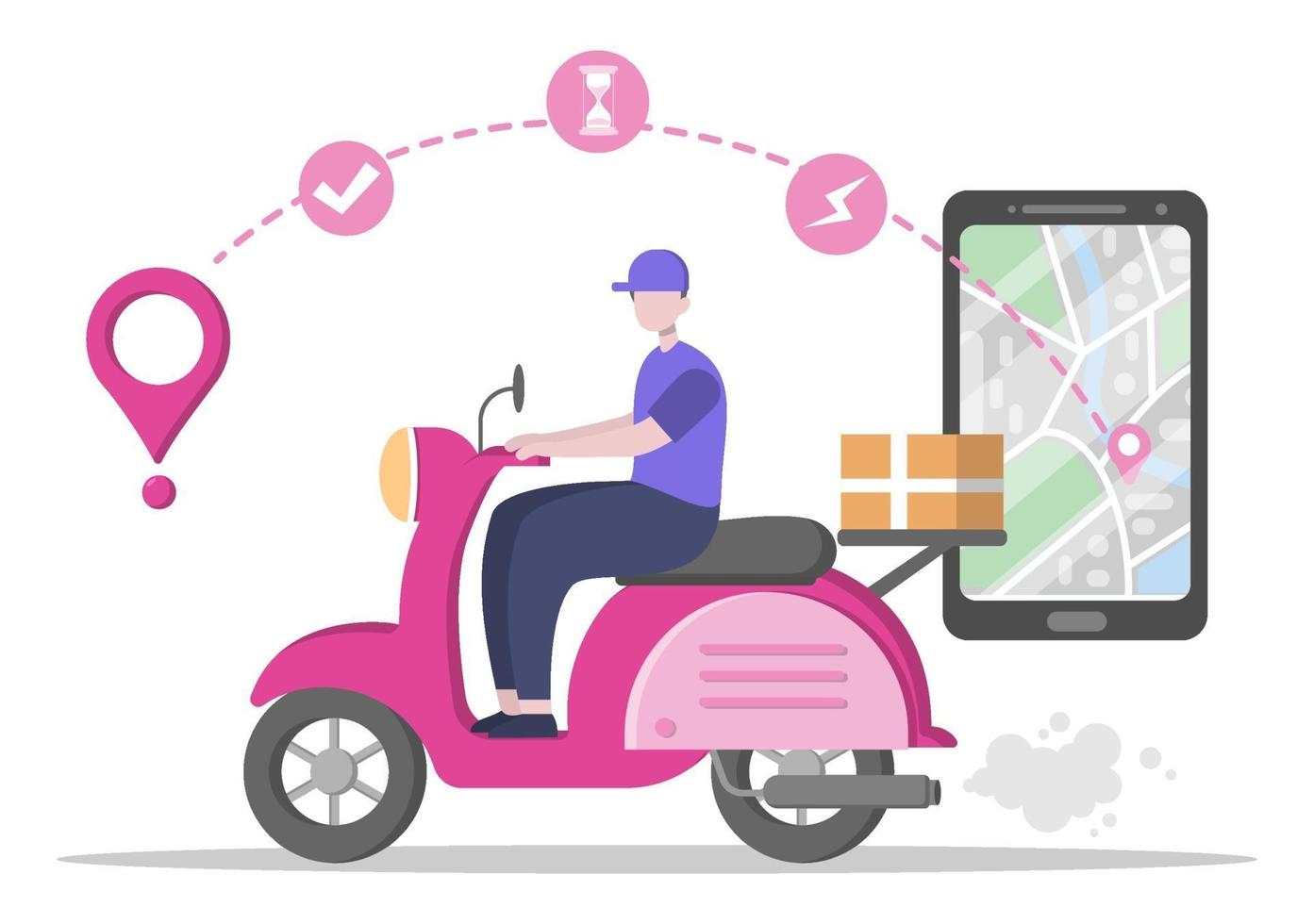 Ilustración plana de entrega en línea para seguimiento de pedidos, servicio de mensajería, envío de mercancías, logística de la ciudad con un camión o motocicleta vector